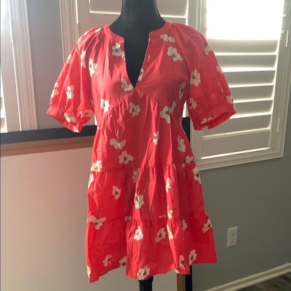 Universal Thread Red Floral Puff Sleeve Dress EUC
